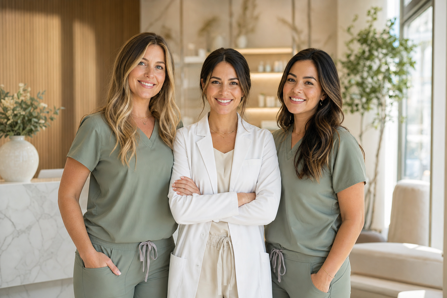 The Lakeshore Aesthetics medical team — physician, nurse injector, and laser specialist — in the sunlit Crown Point clinic lobby