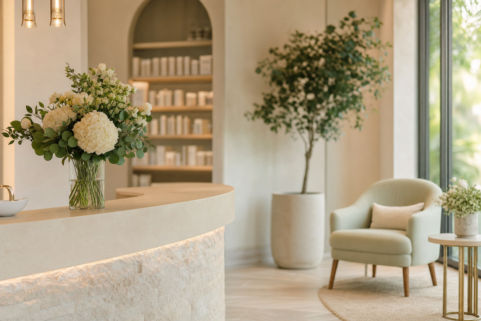 Sunlit reception area at Lakeshore Aesthetics in Crown Point with fresh flowers and a welcoming chair