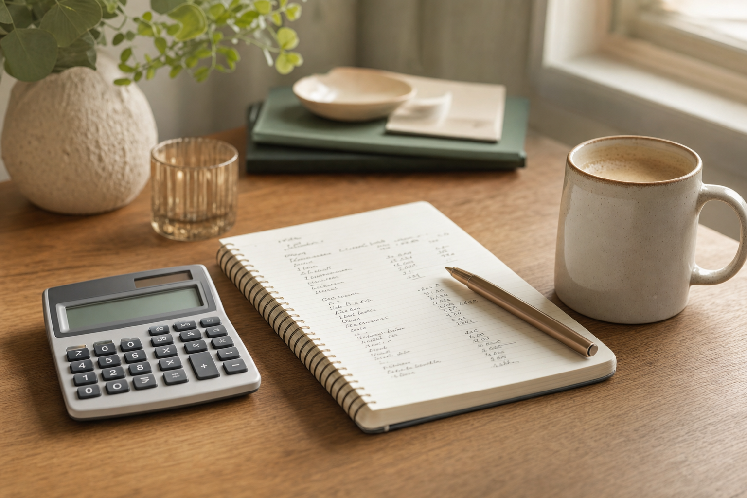 Calculator, notepad with handwritten numbers, and coffee on a warm wooden desk — planning Botox costs in Northwest Indiana