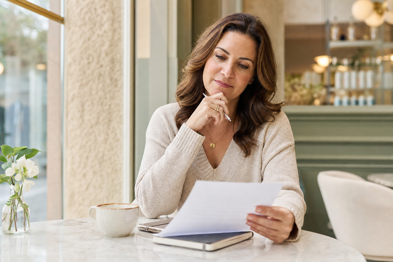 Woman thoughtfully reviewing a printed med spa checklist with a pen at a bright cafe table