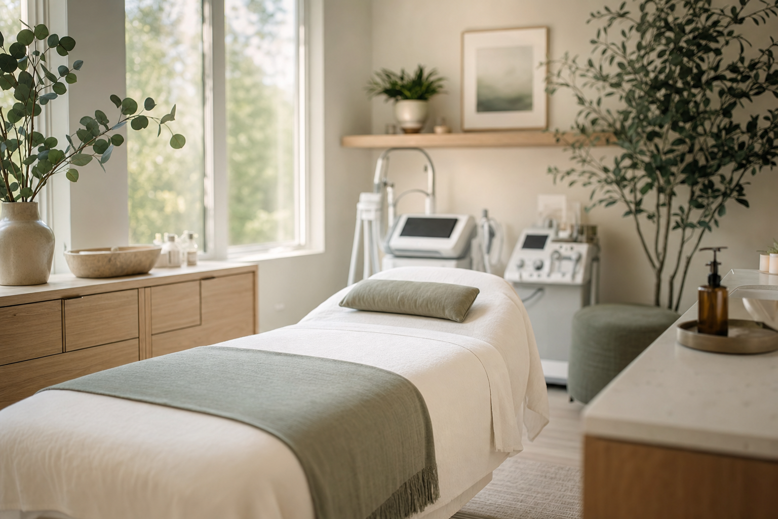 Sunlit treatment room at Lakeshore Aesthetics medical spa in Crown Point, Indiana