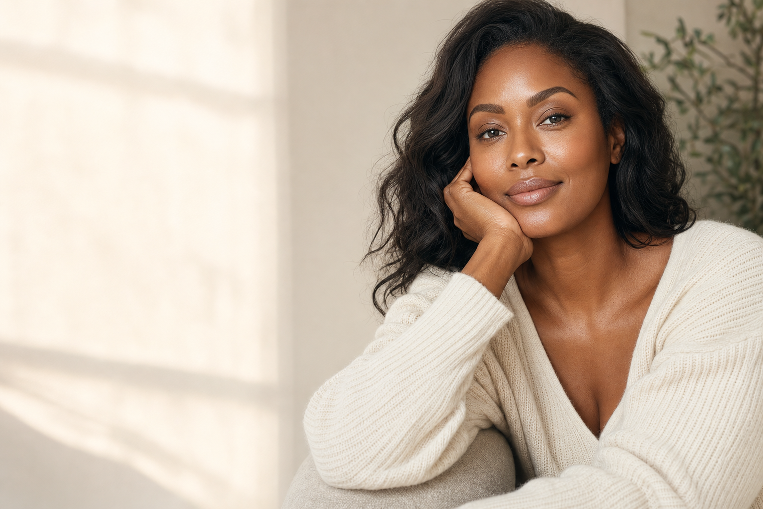 Radiant Black woman in her thirties with glowing natural skin in soft window light, wearing an ivory knit, at the Crown Point med spa serving Merrillville