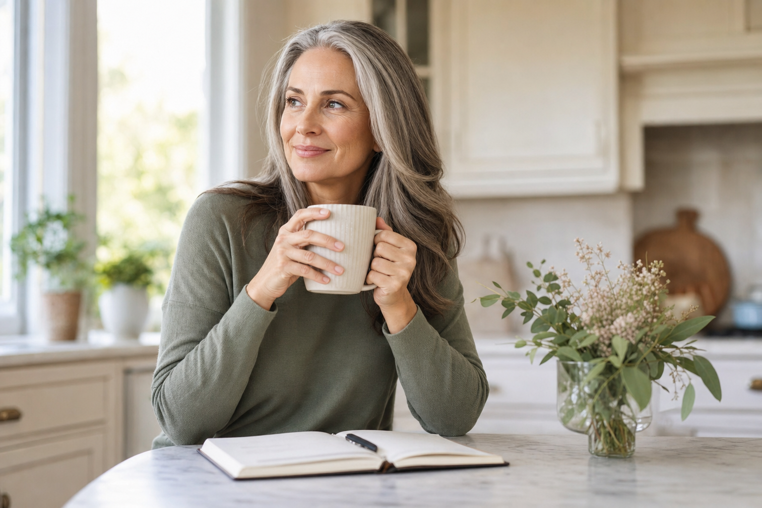 Polished woman in her 50s with natural gray-blended hair having morning coffee at a bright Munster kitchen island