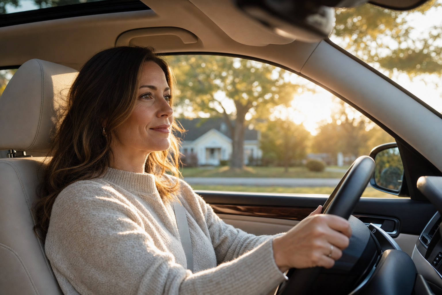 Woman driving a tree-lined suburban road from Schererville toward our Crown Point med spa at golden hour