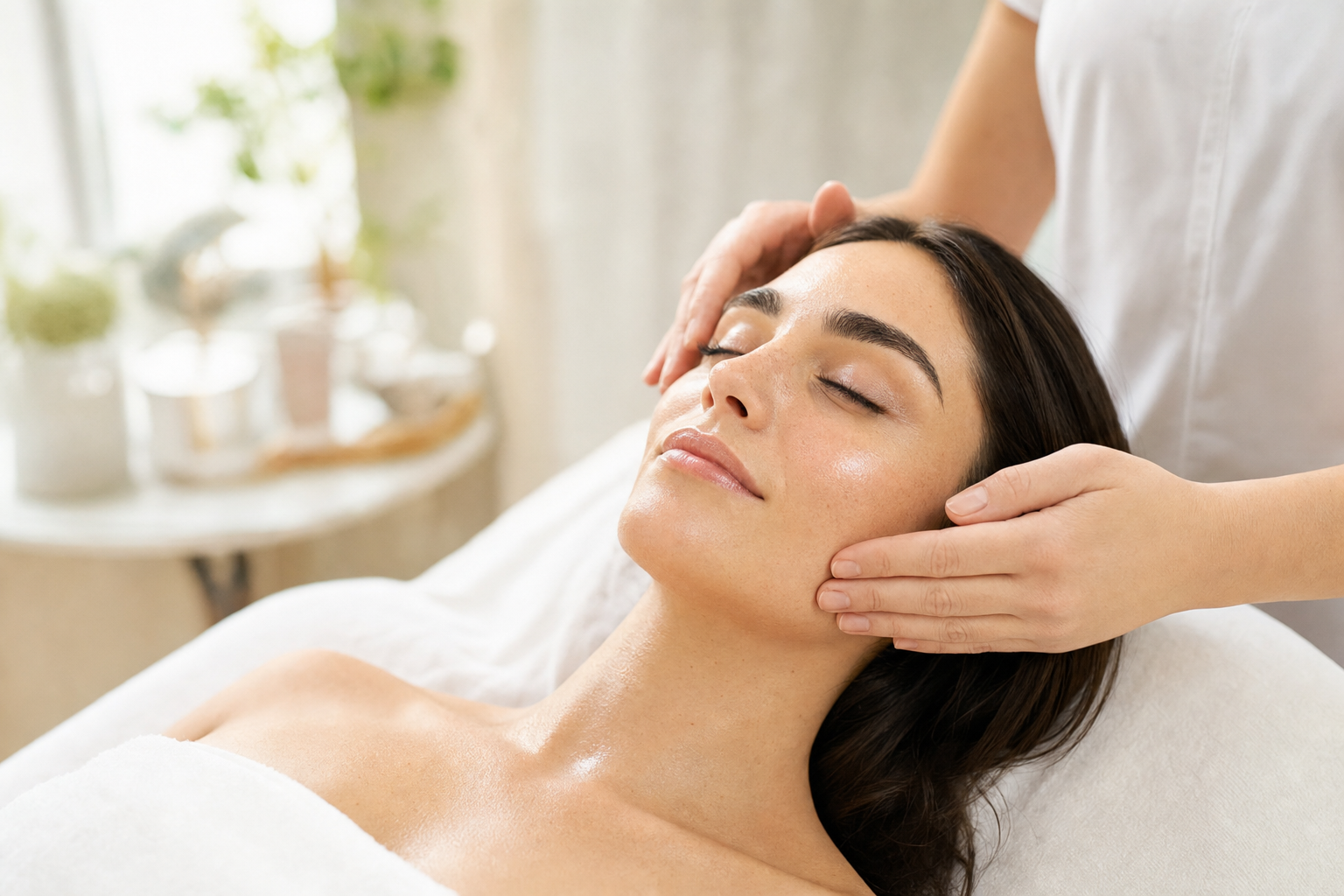 Woman with dewy glowing skin relaxing during a HydraFacial treatment at Lakeshore Aesthetics in Crown Point, Indiana
