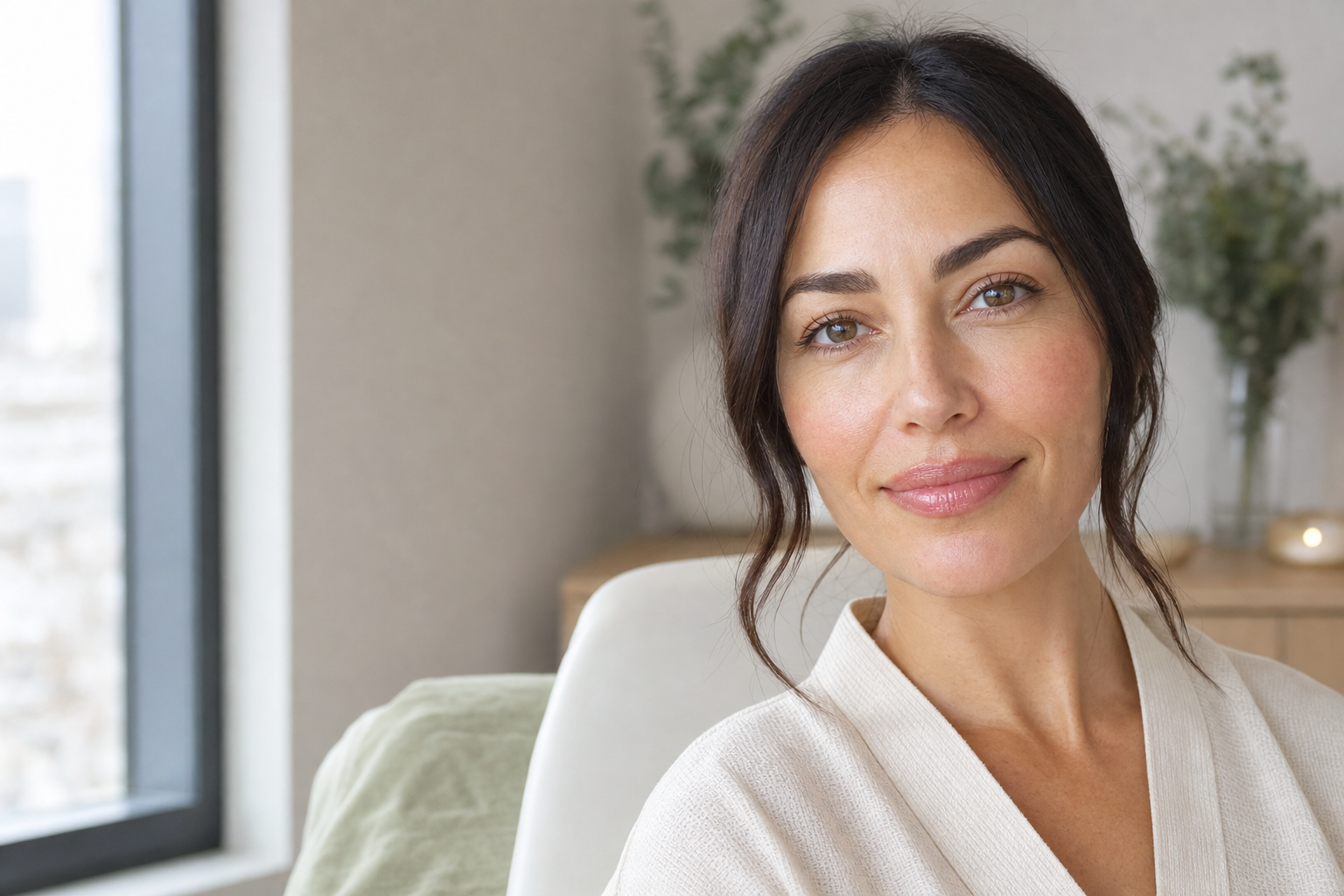 Woman in her thirties with naturally full, hydrated-looking lips smiling softly at Lakeshore Aesthetics in Northwest Indiana
