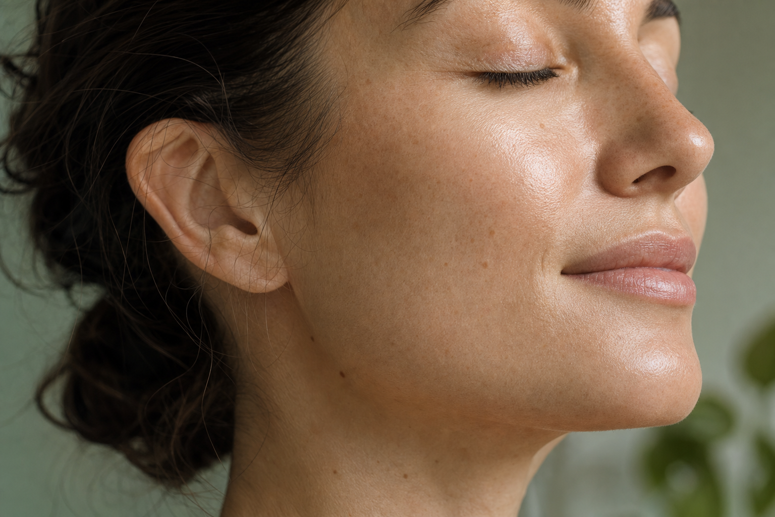 Close-up of smooth, healthy skin texture on a woman's cheek in natural window light at Lakeshore Aesthetics in Crown Point, Indiana