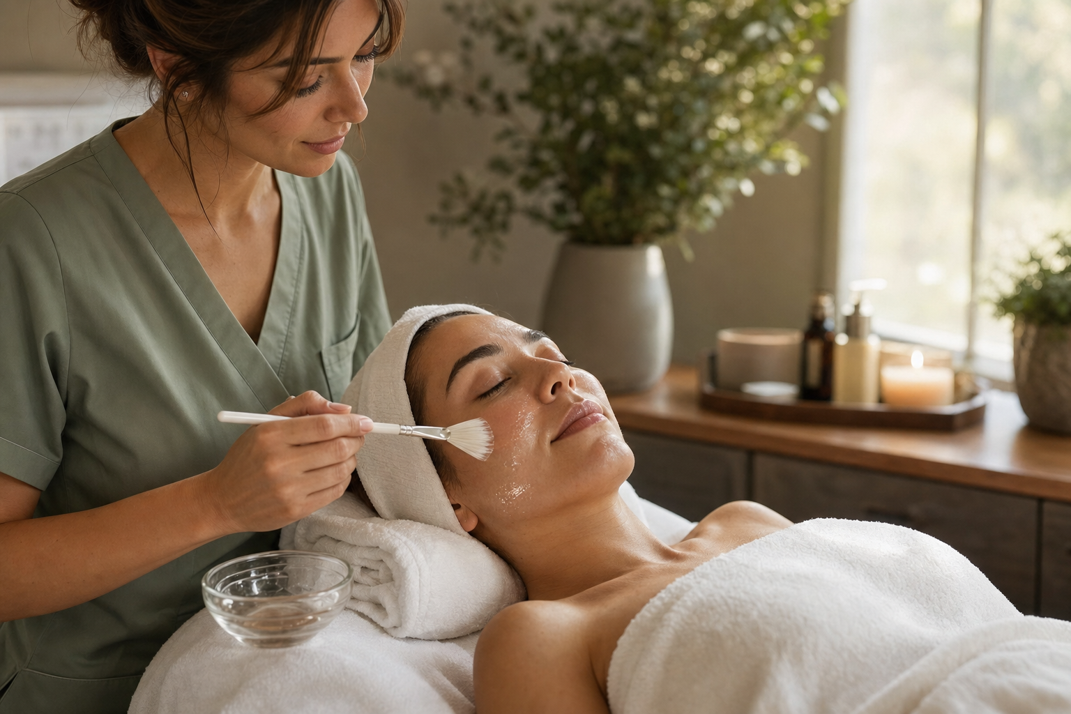 Esthetician applying a chemical peel with a fan brush to a relaxed client at Lakeshore Aesthetics in Crown Point, Indiana